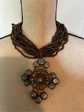 Bronze-Tone Multi-Strand Beaded Necklace Swarovski embellished Cross Pendant